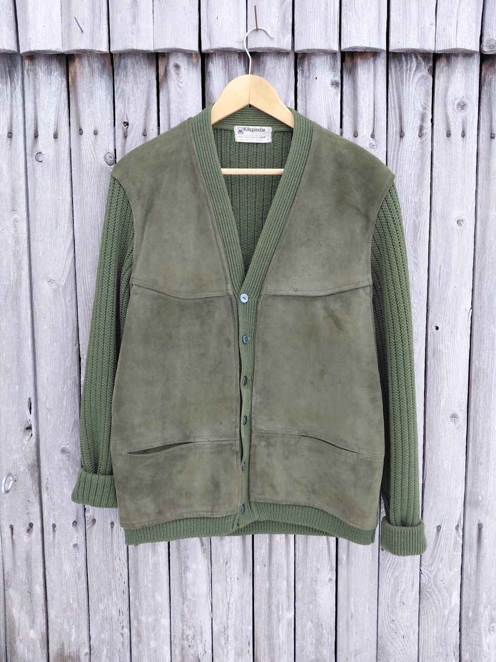 Vintage 70s Kilspindie of Scotland wool knit suede button down cardigan sweater